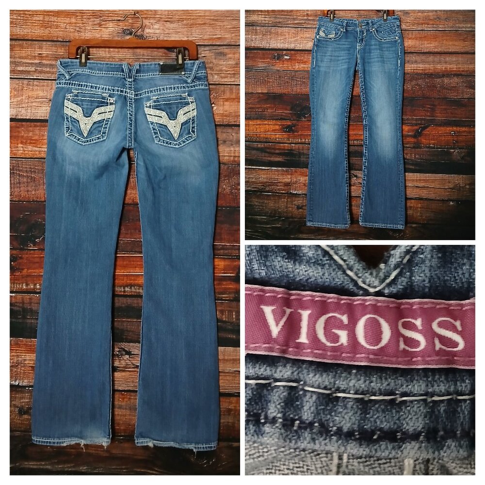 Vigoss Y2K Jeans 9 Low Rise Boot Cut Embellished Rhinestone Blue Denim Stretch